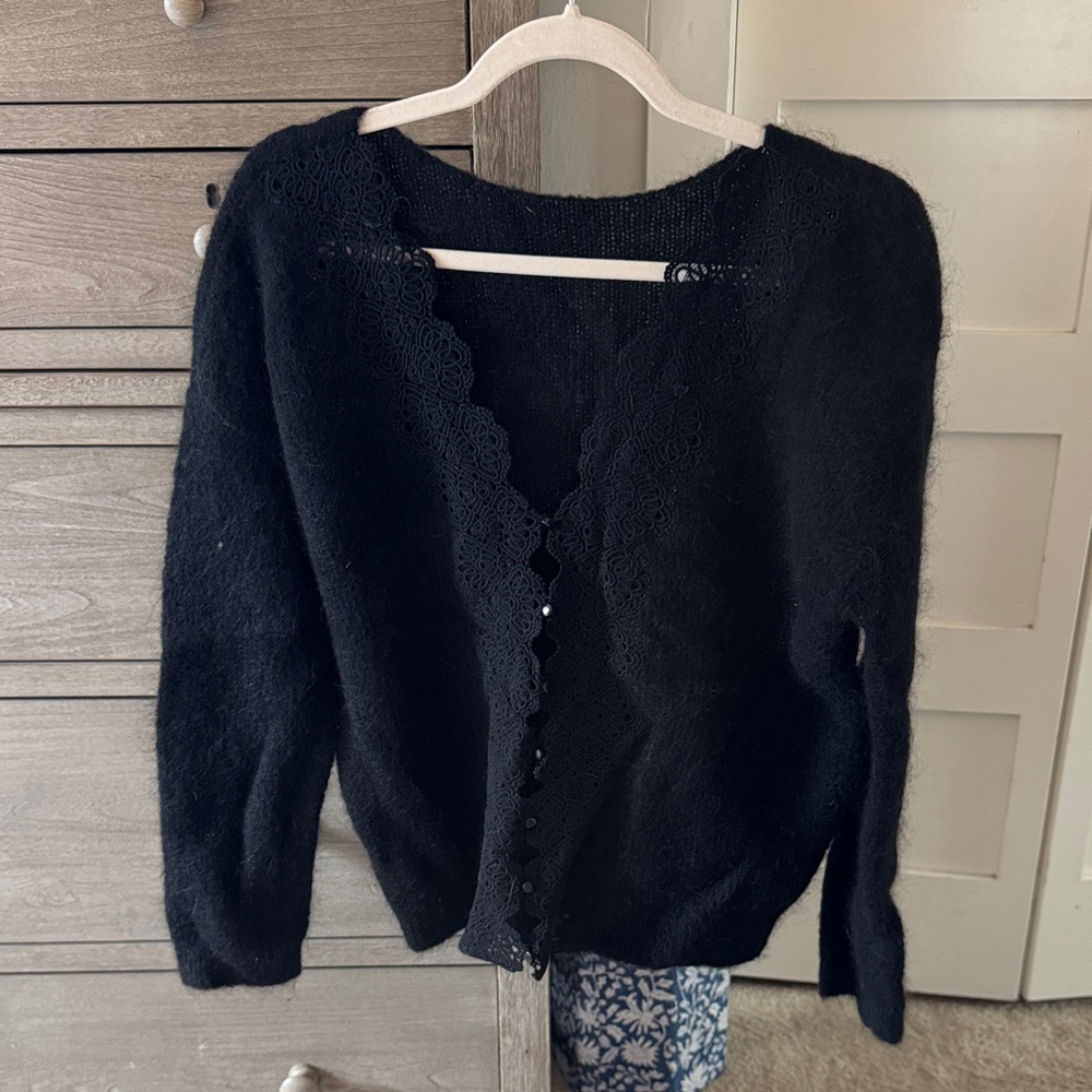 Sezane Astride Black Lace-Detail Cardigan